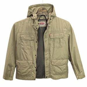 Levis Utility Hooded Jacket Mens XL Zip Snap Pockets Khaki Military Work Casual